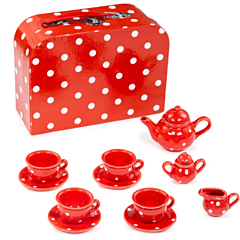 Spiel-Geschirr aus Porzellan - Rot mit weißen Punkten - Bigjigs 