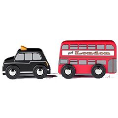 Holzautos - Londonbus und Taxi